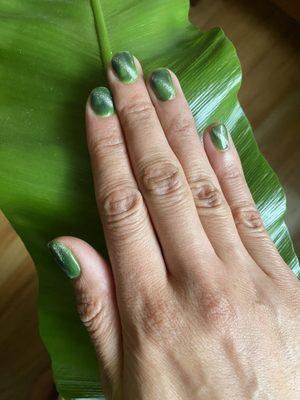 Cat eye magnetic green manicure