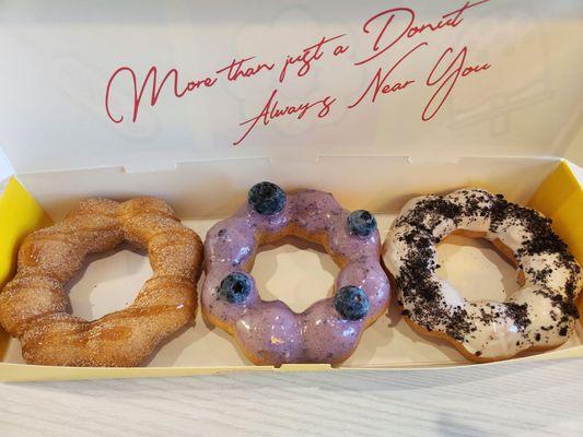 Pumpkin spice churros carmel, blueberry yogurt, and cookies & cream