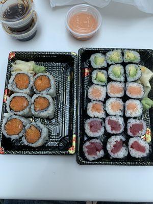 Shushi for lunch, spicy salmon, tuna, salmon and avocado rolls