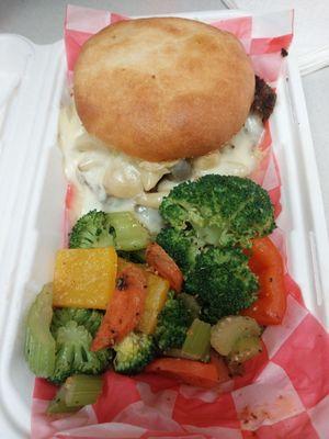 Garlic Burger with a side of steamed veggies!