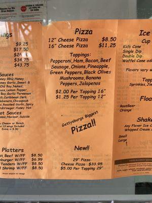 Pizza menu