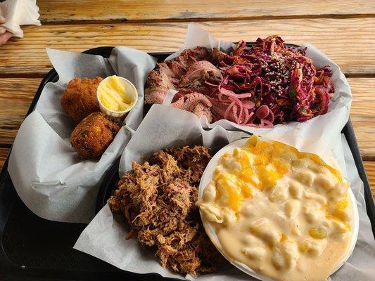 We ordered the pick 2...Tri-tip, pork, smoked macaroni and cheese, coleslaw, 1 of each corn bread muffin