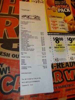 Our Purchase TO-GO from Little Caesars Pizza March 14th 2013.