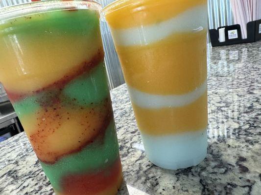 Mango, liquid marijuana ( not marijuana),  & strawberry. Tajín and chamoy.  Mango & Blue Hawaiian