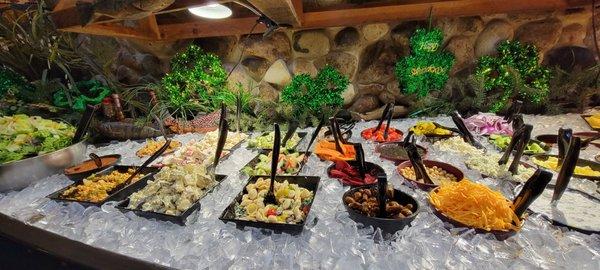 Closeup of cold table. Yep, that's teriaki-marinated mushrooms, taste good even to people who hate shrooms!