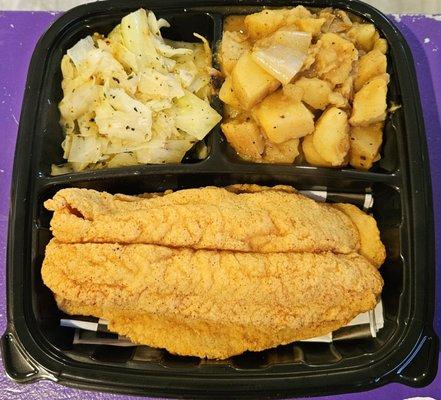 3'17'2023 Fried Catfish Entrée w Fried Potatoes  & Cabbage.