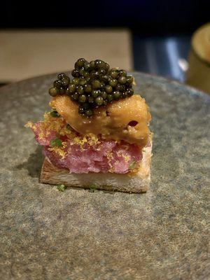 Toro / "Tuna Belly" on Toast (+15 Hokkaido Uni) with dehydrated egg yolk and caviar