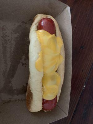 All beef hotdog with cheese on it!