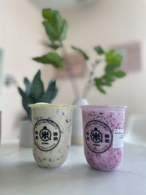 Jujube Purple Rice Yogurt Smoothie (left) Passion Fruit Yogurt Smoothie