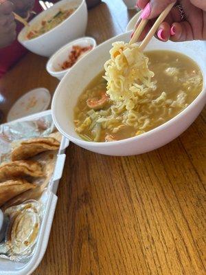 Fried Pork Mandu, Shrimp Ramen (no spice), Kimchi, Shrimp Ramen (mild)