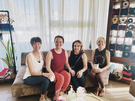 Yogi Friends sipping tea and sharing space after Cindy Shapiro's Gentle Yoga Class