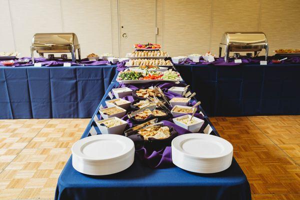 A kiddush buffet setup for a mitzvah celebration.