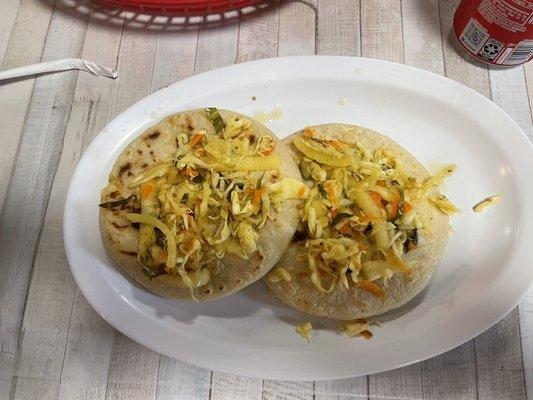 Pupusas (white corn bean and pork pancakes)