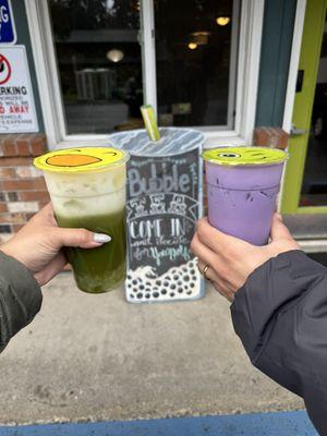 Left - Matcha Coconut w/ Lychee jelly Right - Taro w/ boba