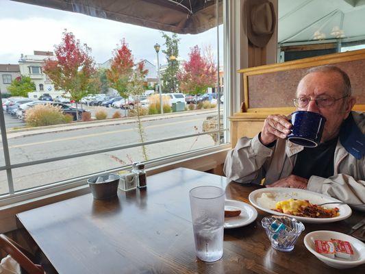 Breakfast with a beautiful fall view.