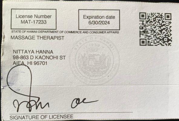 Current Massge Therapy license