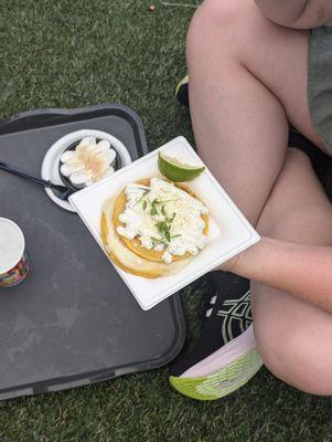 Arepa with cheese, cilantro and lime