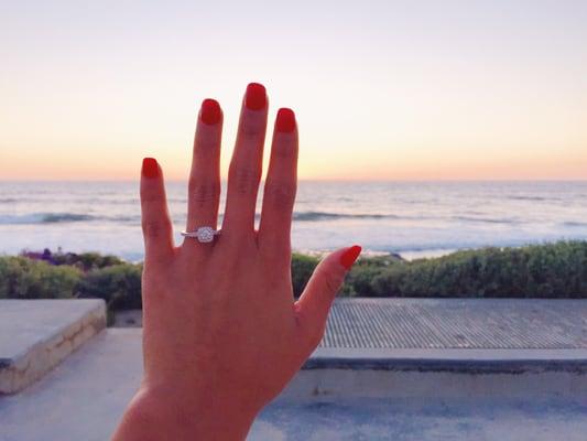 My Vera Wang ring hand-shot at La Jolla, CA - where he got down on one knee! Yay!