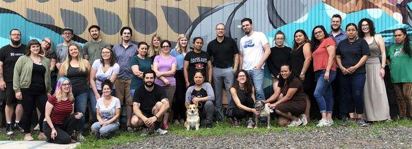 Our helpful and knowledgeable staff, circa June 2018. Also pictured: shop dogs Juniper and Henry.