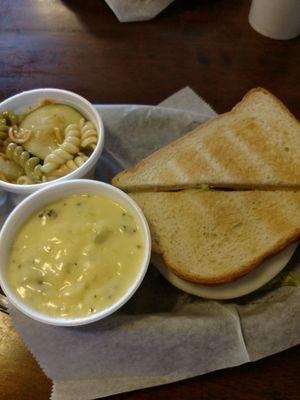 Picture doesn't do it justice.... Italian on toasted bread, pasta salad and cheese and broccoli soup.