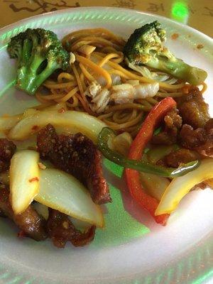 Lo mein (top) with broccoli added from another dish, hibachi chicken (right), and Mongolian pork (left) from the buffet.