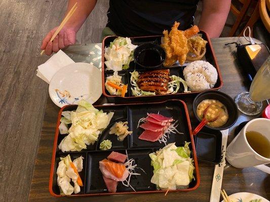 Dinner bentos. 1- Mixed Sashimi & Sear Tuna.                      1-Salmon Teriyaki & Mixed Tempura