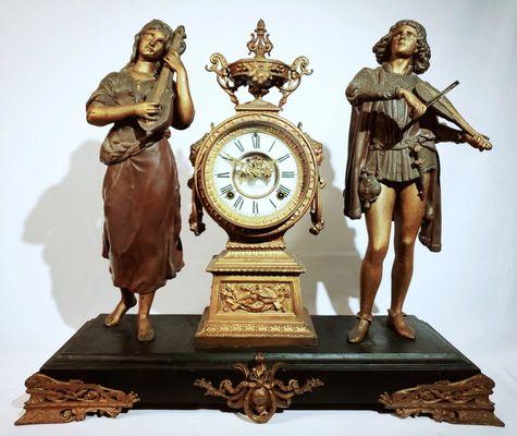 Very Rare Ansonia "Hebe and Venetian",  Double figural cast metal mantel clock,  circa 1895.  $2,800.