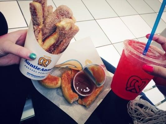 Cinnamon sticks, almost pretzel, caramel dip, and lemonade YUM