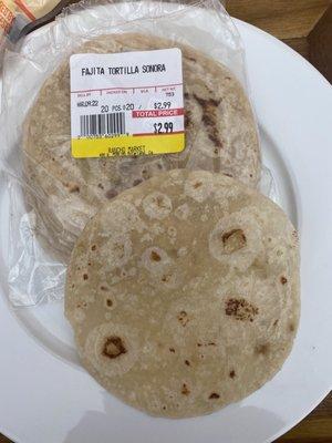 Authentic Sonora style tortilla. Some brands at other stores are machine made & very white.