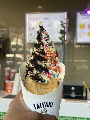 Nutella filing, vanilla soft serve, crushed oreos and sprinkles topping