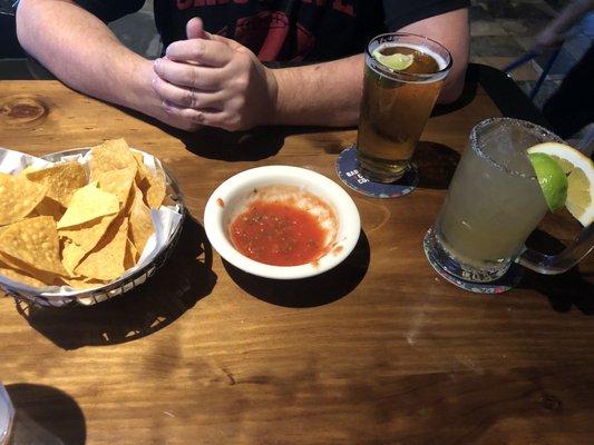 Free chips and salsa; margarita on the rocks; dos equis