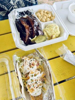 Crispy Fish taco and a bbq rib plate with smoky Mac and cheese & fresh potato salad