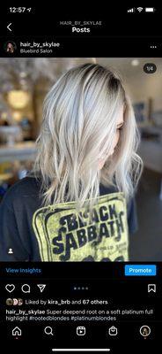 Full highlight platinum blonde with shadow root