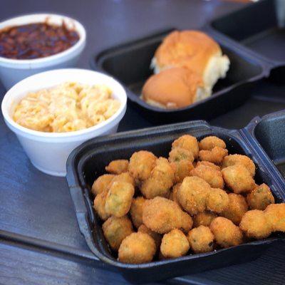 The sides: beans, mac & cheese and fried okra