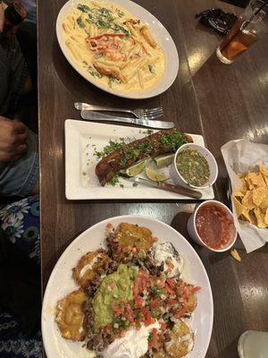 Top- creamy garlic salmon, middle Chicharrones, bottom Tostones Nachos