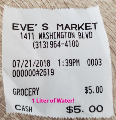 Charged me 5$ for 1L of water. Here is the receipt they gave me.