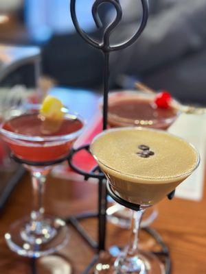 Martini flights featuring their regular espresso martini, the Pom Pom and a black cherry martini!