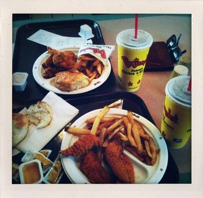 4 piece chicken supremes , seasoned fries , biscuit , sweet tea =)