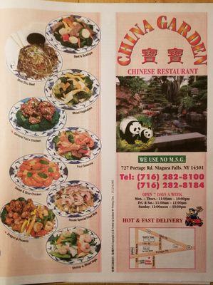 Menu front with map, contact phone numbers, and hours of operation: Mon-Thurs 1100-2200, Friday & Saturday 1100-2300, Sunday 1200-2200.