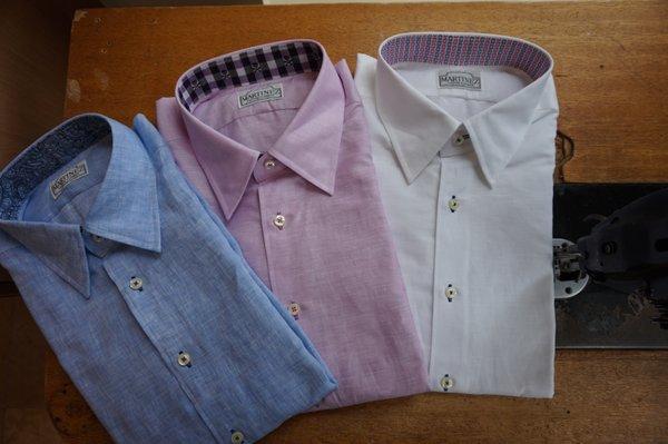 Custom linen shirts with contrasting collar bands.