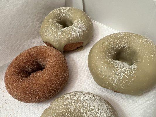 Cinnamon sugar donuts, matcha maple donuts