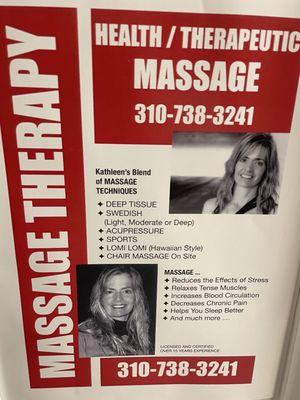 Pain management specialist and Massage therapist  Call Kathleen (310)738-3241