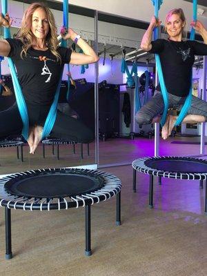 Combo of aerial hammock and rebounder cardio. So fun!