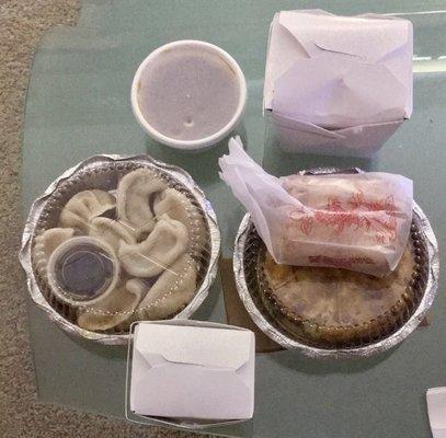 Steamed dumplings, Egg foo young w/ steamed rice, Large (qtr) house special fried rice.