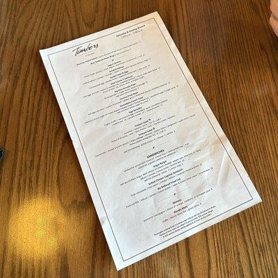 Timbers menu