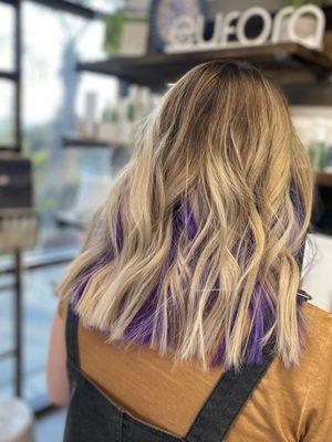 Balayage with peek a boo purple in Carlsbad Vista Bressi ranch area by Anya @anya.does.hair