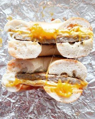 Sausage Egg and Cheddar on A Plain Bagel