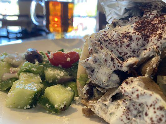 Gyro sandwich, Greek salad, and Persian hot tea.