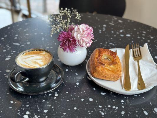 Breve cappuccino and mushroom danish.