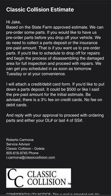 Email with the process for paying for a repair/starting the work